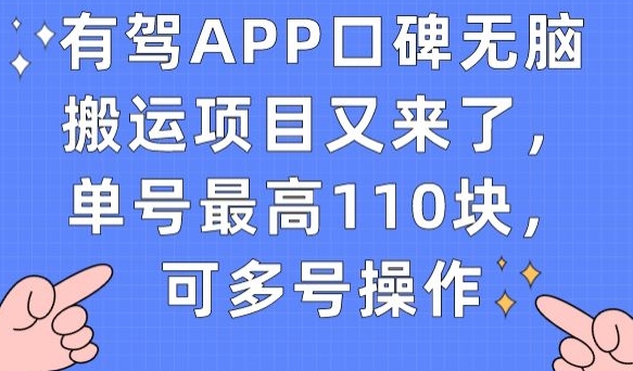 有驾APP口碑无脑搬运项目又来了，单号最高110块，可多号操作-火山资源库