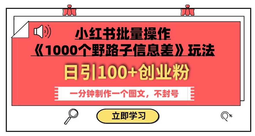 小红书批量操作《1000个野路子信息差》玩法，一分钟制作一个图文，不封号，日引100+创业粉-火山资源库