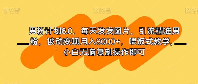 男粉计划6.0，每天发发图片，引流精准男粉，被动变现月入8000+，喂饭式教学，小白无脑复制操作即可-火山资源库