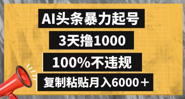 AI头条暴力起号，3天撸1000,100%不违规，复制粘贴月入6000＋【揭秘】-火山资源库