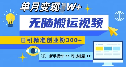 无脑搬运视频号可批量复制，新手即可操作，日引精准创业粉300+，月变现过W 【揭秘】-火山资源库